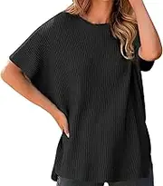 Womens Sparkly Sweaters Casual Crew Neck Short Sleeve Sweater Lightweight Knit Batwing Tops