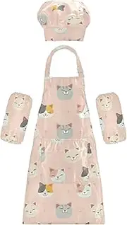 AIXIWAWA Kids Apron Chef Hat Set, Child Kitchen Bib Aprons Adjustable for Cooking Baking Painting (Cute Cat Head)