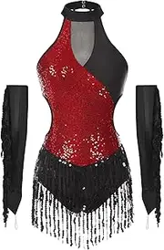 [TiaoBug] Women Sexy Latin Dance Outfit Sequin Fringed Sleeveless Leotard with Metallic Gloves