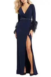[JOVANI] FEATHER CUFF V-NECK GOWN US 12 RED