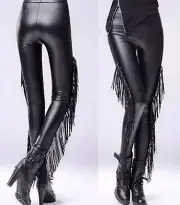 Gothic Faux Leather Leggins Punk Rock Tassel Fringe Warm Women Dominatrix Pants