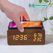 Danoz Exclusive - Digital Alarm Clock Wooden Temperature And Humidity Alarm Clock LED Electronic Clock Smartphone Wireless Charger