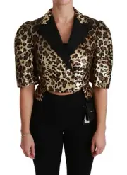 Dolce&Gabbana Women Brown Gold Blazer PVC Leopard Print Cropped Exclusive Jacket