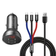 24W Dual Usb Ports 4.8A Car Charger With Digital Display + 3 In 1 Cable
