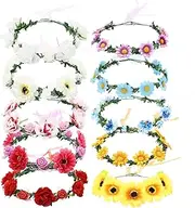 10 Pack Boho Sunflower Daisy Rose Flower Crowns Floral Leaf Wreath With Ribbon Halo Headbands Hair Garland Wreath Headpiece Wedding Bridal Tiara Hairband Hawaiian Party Accessories for Kids Women Girl