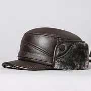[HAMKVBPR] Men's Leather Hat Winter Men's Warm Thickened Flat Top Cap Outdoor Autumn and Winter(Brown,X-Large)