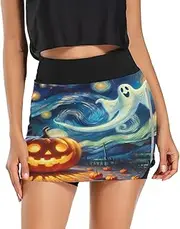 [RPLIFE] Happy Halloween Pumkin Ghosts Starry Night Women's Running Skirt, High Waisted Skort Women, Work Out Skort