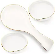 3 Pcs Gold Rim Ceramic Spoon Rests White Kitchen Spoon Rests Long Cooking Spoon