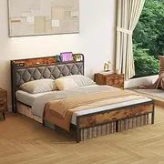 ADVWIN Double Size Bed Frame, Storage Tufted Headboard & Charging Station and USB Ports, Industrial Upholstered Platform Bed, No Box Spring Needed, Rustic Brown & Gray(Double)