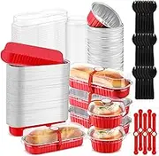 600 Pcs Mini Loaf Pans with Lids and Spoons Sealing Stickers 6.8oz Disposable Aluminum Foil Muffin Baking Pans 5oz Cupcake Cups Cake Containers for Mothers Day Holidays Party Picnics(Red)