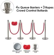 4x Queue Barriers F+ 3 Ropes Crowd Control Bollards Stanchions (SILVER+RED ROPE)