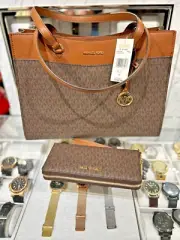 Michael Kors Jet Set Travel Large Brown Tote with Continental Wallet Handbag Set