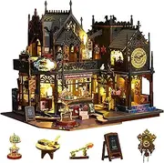 ALITAAU DIY Miniature House Kit, Enchanted Gothic 3D Wooden Puzzle Bookshelf Insert Decor, Miniature Dollhouse Bookends with LED Light, Creativity Craft Kit for Home Decor (Holo Magic City)
