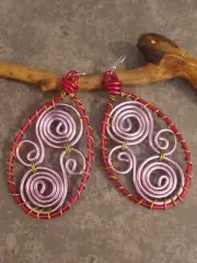 UNIQUE LONG XL PINK WIRE HOOP/LT PINK SCROLLS/PERIDOT GREEN WIRE WRAP EARRINGS