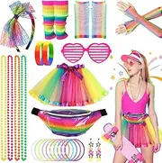 80s Fancy Dress for Women Girls, 1980s Party Costume Accessories Set Bumbag Tutu Skirt Leg Warmer Earrings Fishnet Gloves Necklace Glasses Bracelet Headband, Retro Outfit for Dress up Day Christmas