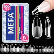 MEFA Nail Tips Medium Almond, 15 Sizes 600 Pcs Gel x Nail Tips Pre-shaped Half Matte Full Cover Acrylic Press on Nails Extension Home DIY Salon Manicure