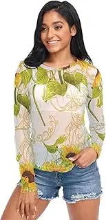 [RPLIFE] Vintage Sunflowers Beige Mesh Top Long Sleeve, Women Sheer Tops S-XXL