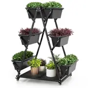Costway 3-Tier Vertical Raised Garden Bed Shelf Elevated Planter Box w/6 Plant Container & 4 Wheel Steel Frame