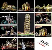 DESINIK Scratch Painting Art Kit - Family-Friendly Crafts for Adults & Kids, DIY Craft Kit with 4 Tools & 8 Sheets,City Series Creative Gifts(Classic City)