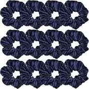 12 Pcs Satin Silk Scrunchies Soft Ties Fashion Bands Hair Bows Elastic Bracelet Ponytail Holders for Women and Girls (4.5 Inch, Navy Blue)