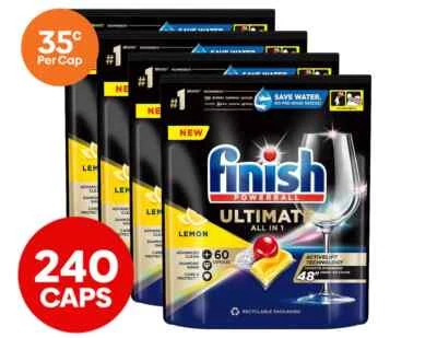 4 x Finish Dishwashing Tabs Tablets Powerball Ultimate Lemon Sparkle 60pk AU