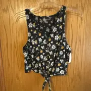 American Eagle New Womens Dark Blue Floral Crop Top Size L Sleeveless Tank Tie