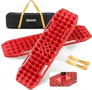 BUNKER INDUST Recovery Traction Boards Built-In Jack Base Offroad Track Bentable 120° Load Capacity 10 Tons, Contour Ramp Double-Edged with Leash for ATV UTV 4WD 4x4 in Sand Snow Mud (Red)