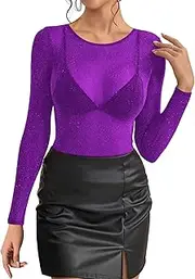 BelleLovin Women's Sheer Mesh Tops Glitter See Through Long Sleeve Bodysuit top