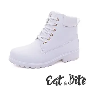 【E&B】特殊設計撞色6孔低跟短筒工裝馬丁靴(白)