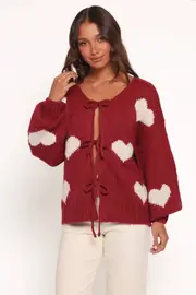[PUP50] Nadine All Over Heart Tie Front Cardigan - Wine S/M dark red