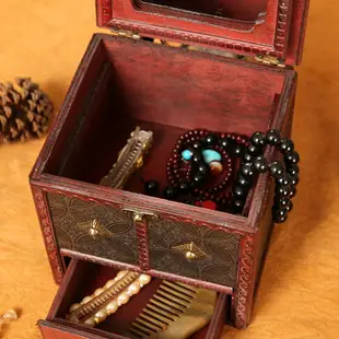 古風首飾箱仿古做舊梳妝盒珠寶首飾木盒桌面化妝盒收納盒雙層首飾