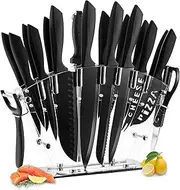 TARODEA All in one Kitchen Knife Set with Block, 19 PCS High Carbon Stainless Steel Sharp Serrated Steak Knives Set, Chef Knives, Bread Knife, Scissor, Sharpener, Peeler (Black)