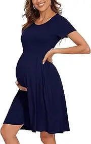 [WOOXIO] Women's Short Sleeve Maternity Dress Patchwork Pregnancy Clothes with Pockets