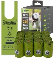 100% Compostable Handle-Tie Doggy Poop Bags (240 Bags) 16 Refill Rolls Biodeg...