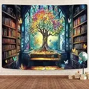 Mysterious Library Tapestry, Fantasy Enchanted Tree Magic Bookshelf Aesthetic Tapestry for Classroom, Witchy Fairy Tree Vintage Bookshelf Book Art Tapestry Wall Hanging College Room Bedroom, 60X40