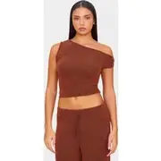 Chocolate Brown Two Tone Crinkle Rib Off Shoulder Top, Chocolate Brown