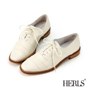 【HERLS】牛津鞋-全真皮異材質層次拼接小方頭牛津鞋(米白色)