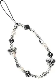 Kefley Black Aesthetic Beaded Butterfly Phone Charm Bracelet Y2K Dice Beads Phone Lanyard Strap String Smartphone Chain Pearl Phone Wrist Strap Anti-Lost Cell Phone Chains Accessories, Small