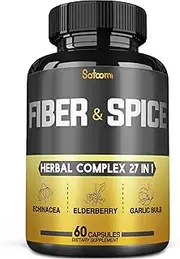 SATOOMI 27 in 1 Fiber and Spice Supplement 15000 mg - 60 Veggie Capsules - High Concentrated with Psyllium Husk, Flax Seed, Apple, Elderberry, Echinacea & more - Support Immune System, Gut Health & Body