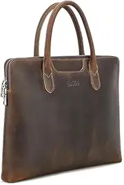 Contacts Top Grain Leather 14.2" Laptop Bag Slim Briefcase for Men Handbag Handmade Work Bag Compatible with MacBook Pro 14.2" with Luggage Strap, Coffee, Coffee