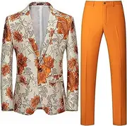 [DGHM-JLMY] Mens 2 Piece Floral Dress Suit One Button Dinner Tuxedo Jacket & Pants Luxury Printed Wedding Blazer, Orange, 3X-Large