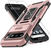 DEERLAMN Case for Google Pixel 8 Pro with Slide Camera Cover+Screen Protector (1 Pack), Rotated Ring Kickstand Military Grade Shockproof Heavy Duty Protective Cover -Rose Gold