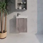 TOOLKISS 450*250*550mm White Oak Wall Hung Mini Vanity – Fluted Style Bathroom Vanity with 1 Door & Polymarble Top – Elegant Storage Solution
