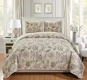 Better Home Style 3 Piece Beige Taupe Pink Green Blue Luxury Lush Soft Floral Flowers Paisley Printed Design Quilt Coverlet Bedspread Oversized Bed Cover Set # Hilton (Twin/Twin XL)