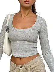 [KMBANGI] Women Low Cut Crop Shirt Long Sleeve Fitted Knit Tshirts Top Cutout Cropped Square Neck Tee Blouse Retro Streetwear