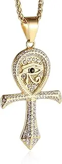 [HZMAN] Stainless Steel Eye of Horus Egypt Protection Pendant Coptic Ankh Cross Religious Necklace for Men Women