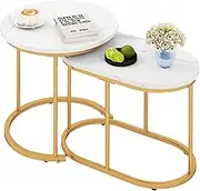 Giantex Modern Nesting Coffee Table Set of 2, Accent Marble Look Coffee Table Set, Sofa Side Nest of Tables, Stacking Round End Table for Living Room Bedroom, Easy Assembly, Marble & Golden