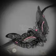 Womens Feline Inspired Laser-Cut Metal Masquerade Ball Mask [Pink Rhinestone]