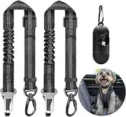 DRGXLE Dog Seat Belt, Pet Car Safety Rope, Woven Elastic Rotating Dog Rope Car Fixator with Adjustable Length (21-27in, Black,Two Pack) and Dog Poop Leak Proof Bags