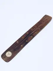 2 x Incense Burner Wood Carved (Handmade) with sun and stars brass inlays